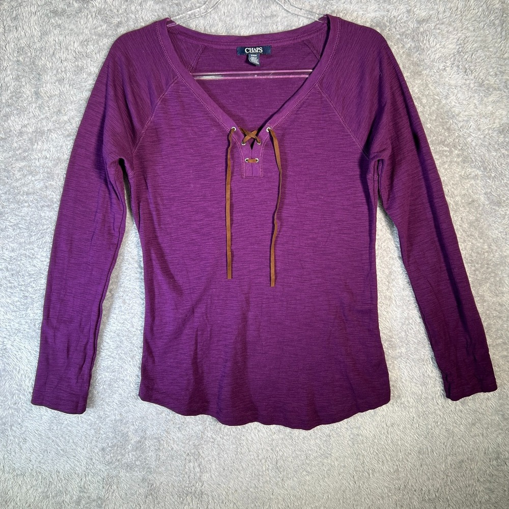 Chaps Purple Lace-Up Top Women's Medium Long Sleeve Y2K Bella Gilmore Girl Style - Picture 4 of 6